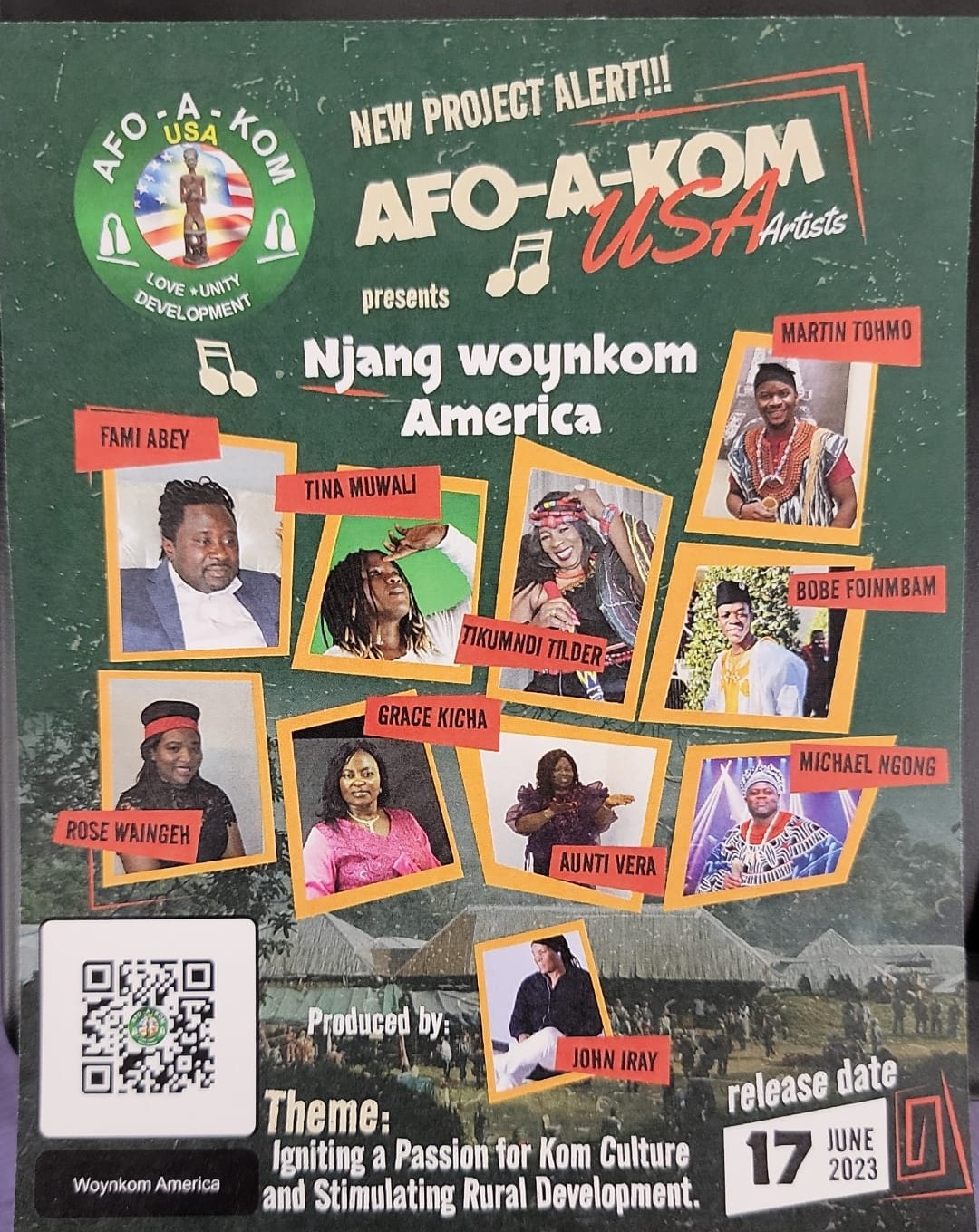 Njang Woynkom America flyer — Afo-A-Kom USA Artists, produced by John Iray, featuring Fami Abey, Tina Muwali, Tikumndi Tilder, Martin Tohmo, Bobe Foinmbam, Rose Waingeh, Grace Kicha, Aunti Vera, and Michael Ngong