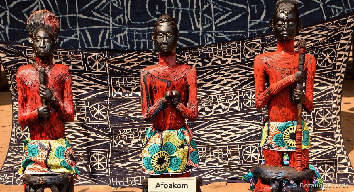 Three carved Kom figures in red with dark faces, wearing printed wrap cloths, displayed before an indigo ndop cloth, with an Afoakom sign