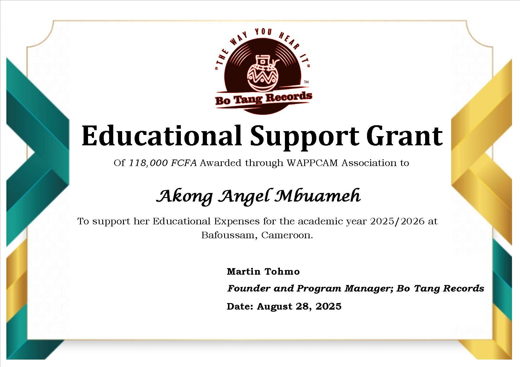 Educational Support Grant certificate awarded to Akong Angel Mbuameh