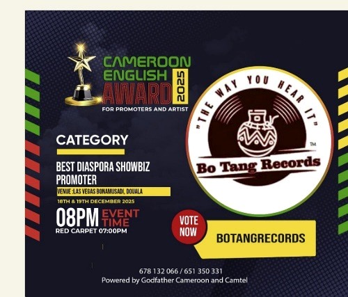 Cameroon English Awards 2025 nomination graphic for BotangRecords, Best Diaspora Showbiz Promoter category