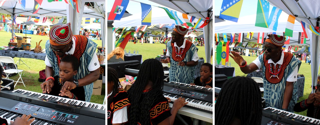 Three scenes of a BotangRecords mentor teaching children at the keyboard
