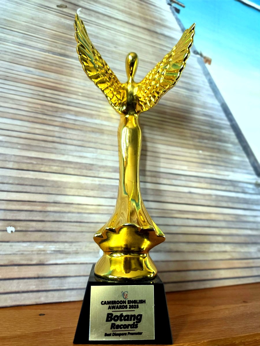 The Cameroon English Awards 2025 trophy for Best Diaspora Promoter, presented to BotangRecords